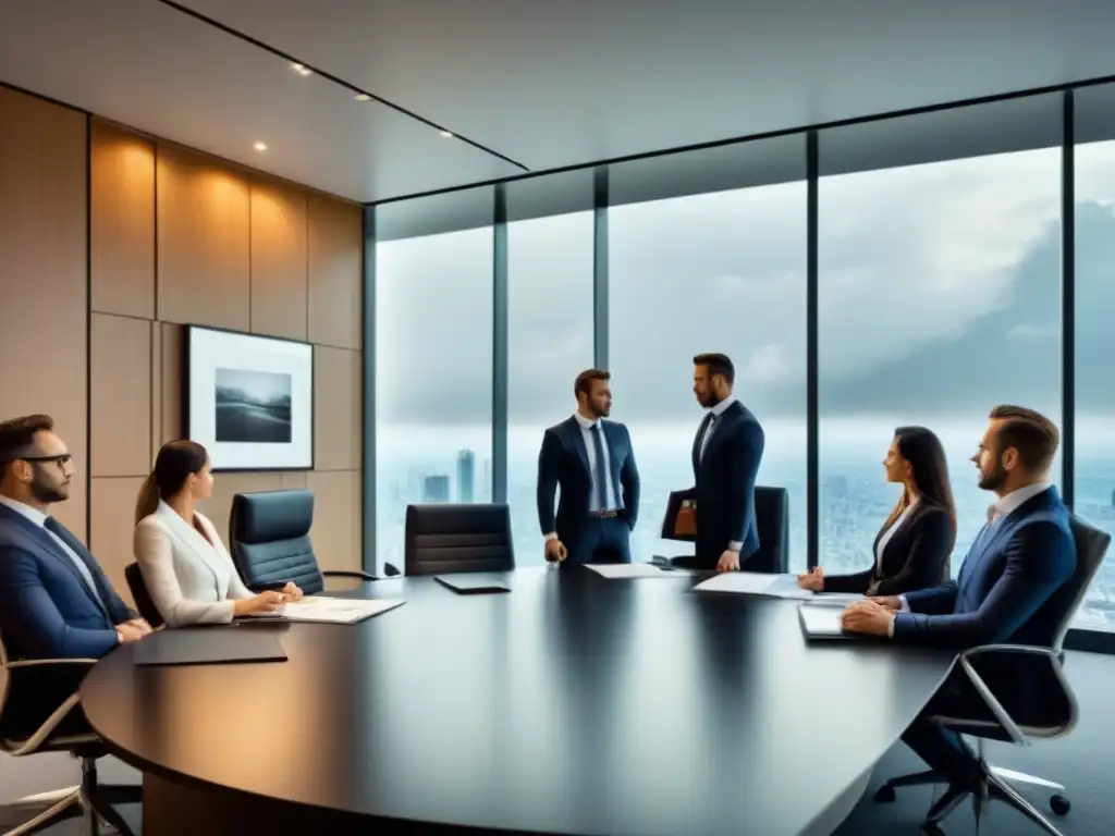 Oficina legal moderna y elegante para subastas de propiedades Una firma de abogados moderna y elegante discutiendo documentos legales en una oficina de cristal