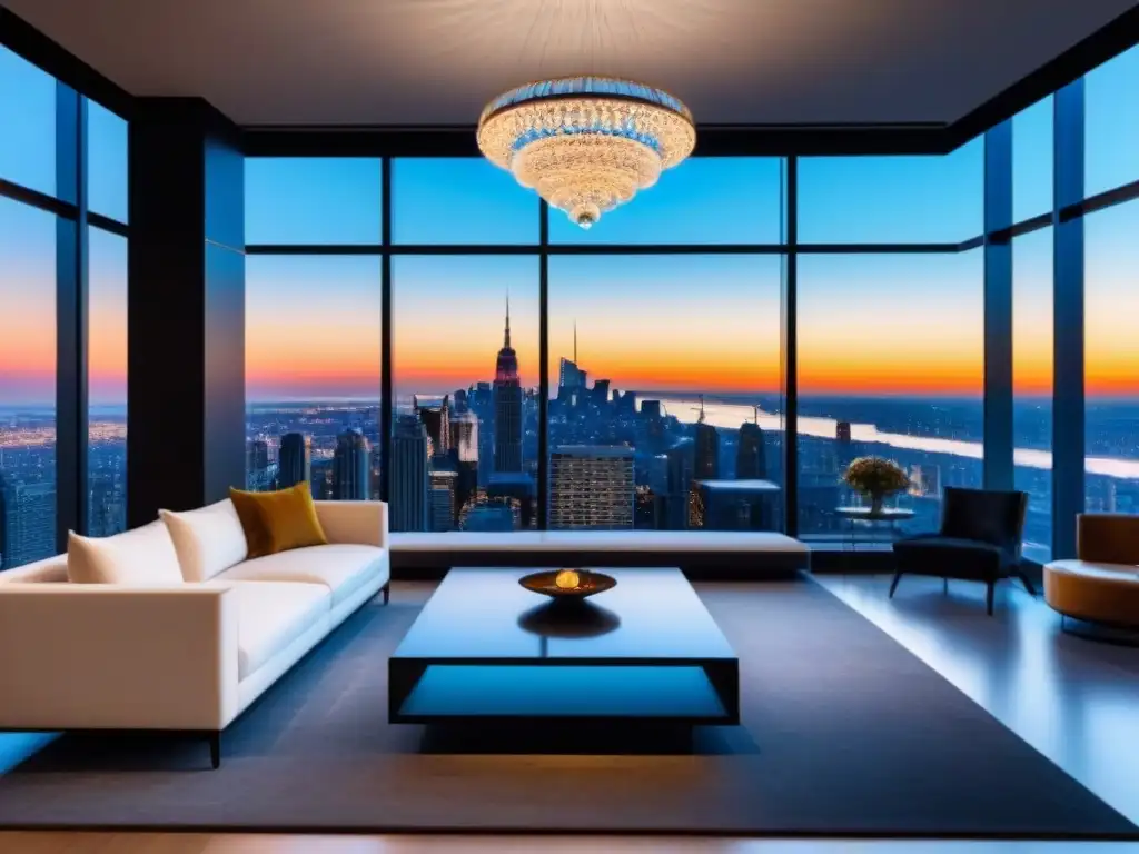 Penthouse de lujo con vista a la ciudad al atardecer Gestión fiscal propiedades lujo: Penthouse moderno y lujoso con vista a la ciudad al atardecer, ventanales y elegante diseño interior