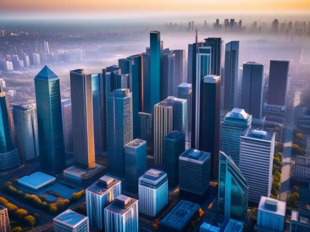 Metrópolis vibrante: rascacielos modernos bañados por la tarde Un floreciente centro urbano con rascacielos modernos reflejando el sol de la tarde, ideal para financiamiento para bienes raíces comerciales