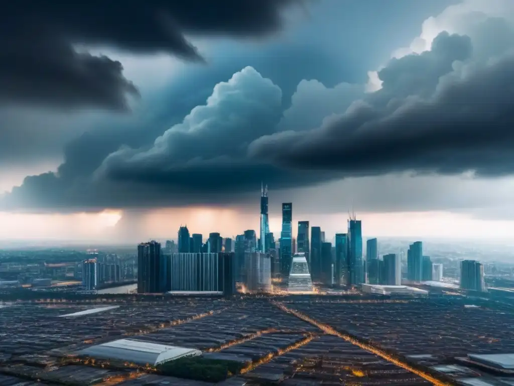Seguro de inversiones en ciudad futurista bajo amenaza climática Futurismo urbano protegido por seguros desastres naturales inversión inmobiliaria