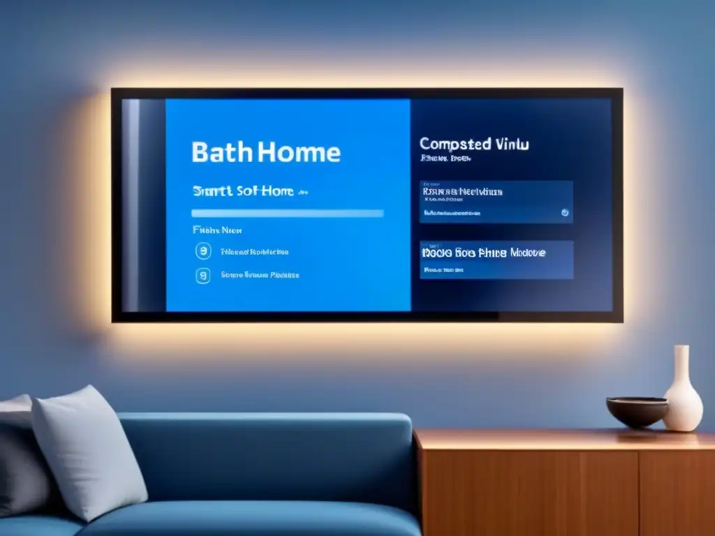 Tour virtual: Casa inteligente futurista con tecnología avanzada en azul Diseño futurista de una casa inteligente automatizada, con paneles de control avanzados y electrodomésticos robóticos, iluminados en azul