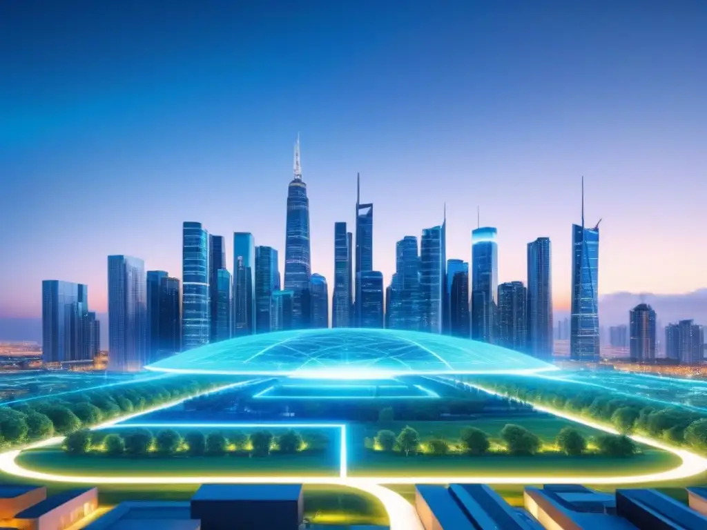 Ilustración futurista de una ciudad con activos digitales sobre propiedades, representando la tokenización de propiedades inmobiliarias blockchain
