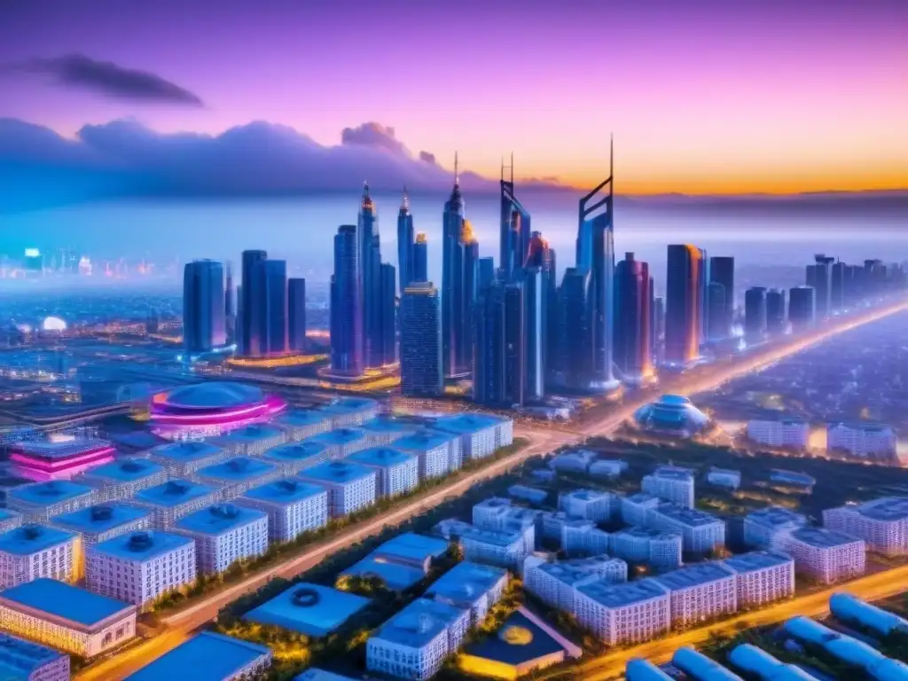 Horizonte urbano futurista: innovación en automatización inmobiliaria Futurista ciudad al atardecer con edificios modernos y automatización en aprobación de préstamos