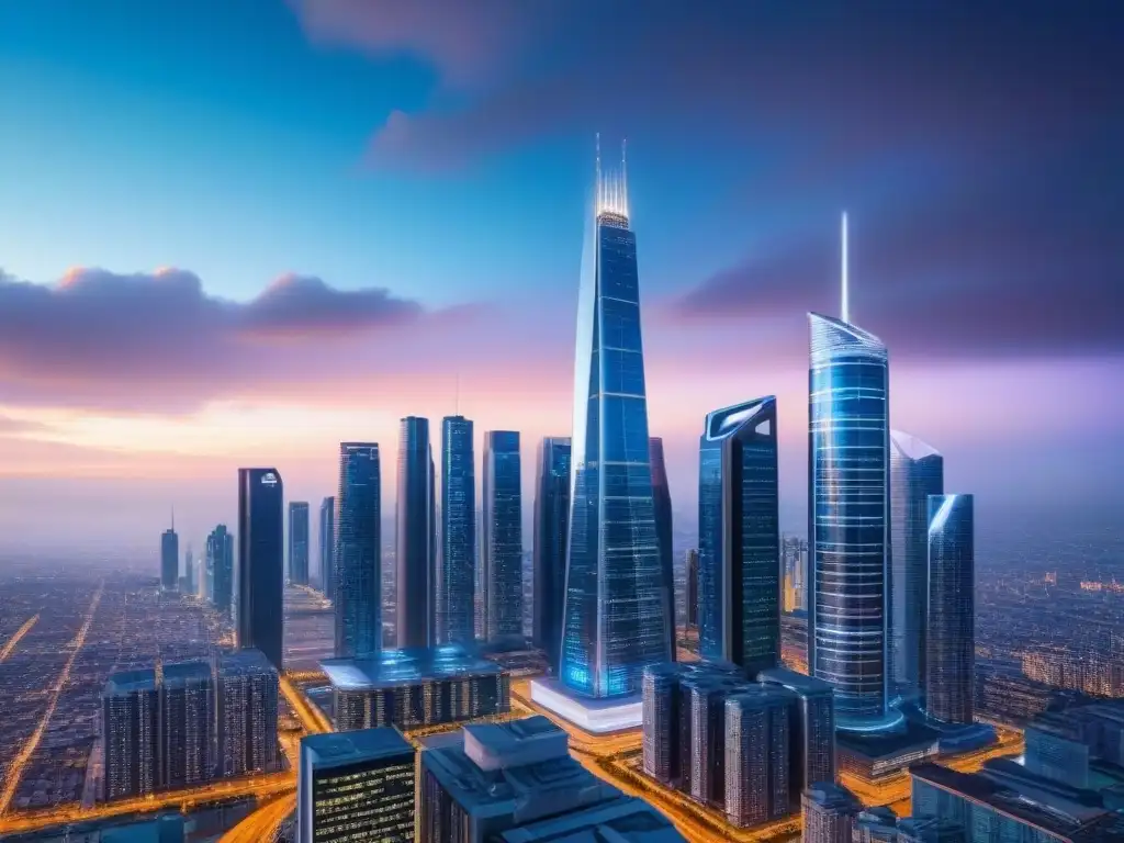 Cityscape futurista: rascacielos iluminados y tecnología avanzada Futurista ciudad al atardecer, con rascacielos iluminados y vehículos voladores, proyectando datos financieros