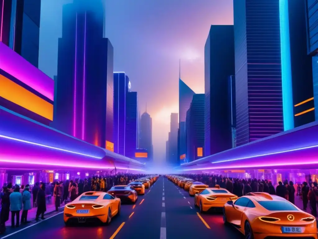 Metrópolis futurista: arquitectura innovadora y luces neón Futurista ciudad al atardecer, con rascacielos iluminados y calles llenas de vida