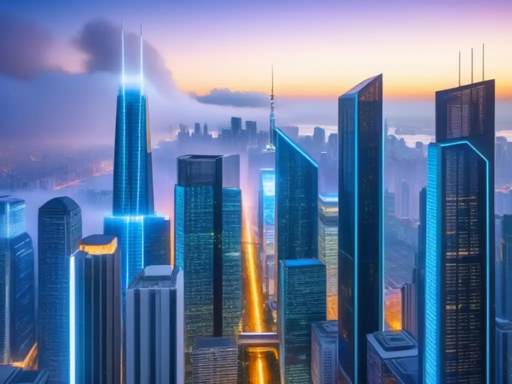 Metrópolis futurista: blockchain revoluciona bienes raíces Futurista ciudad con blockchain en financiamiento inmobiliario