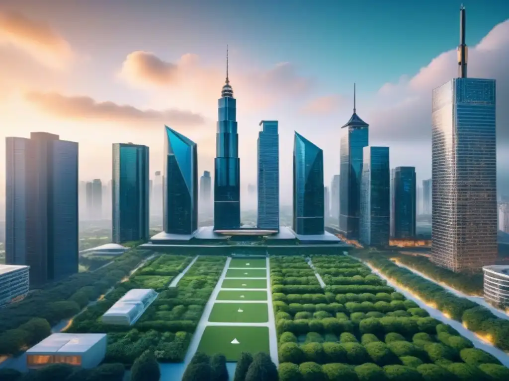 Cityscape futurista con tecnología blockchain revolucionaria Futurista ciudad con Blockchain en financiamiento inmobiliario