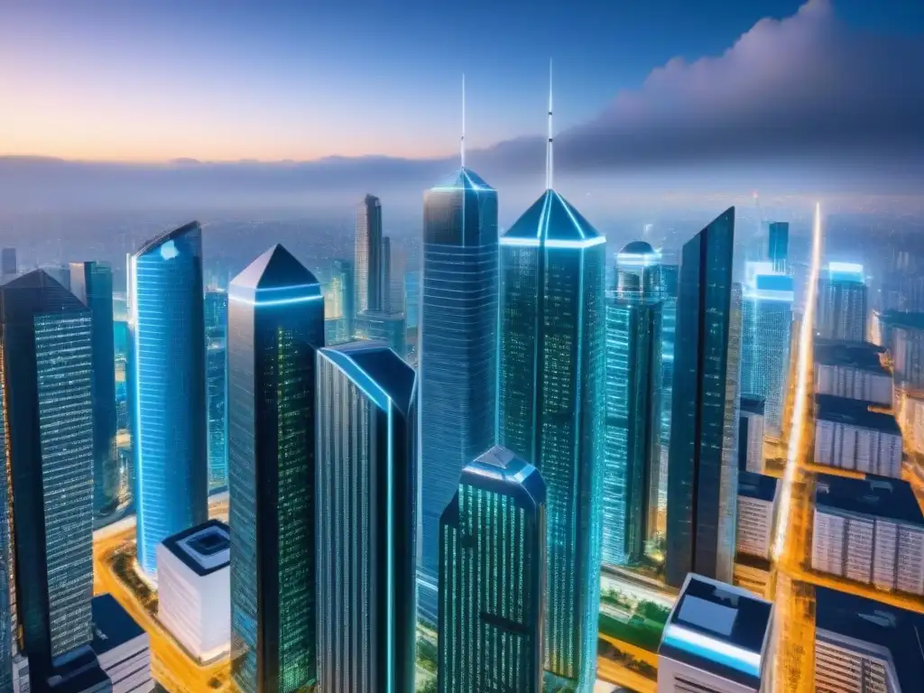 Cityscape futurista con tecnología blockchain en la gestión inmobiliaria Futurista ciudad con blockchain inmobiliario integrado en edificios transparentes