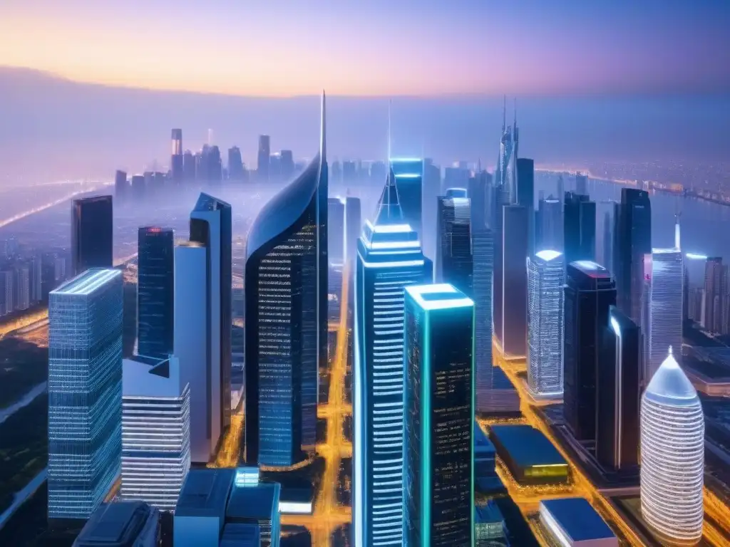 Metrópolis futurista: Realidad virtual en inversión inmobiliaria Futurista ciudad conectada por Proptech para evaluación de riesgos