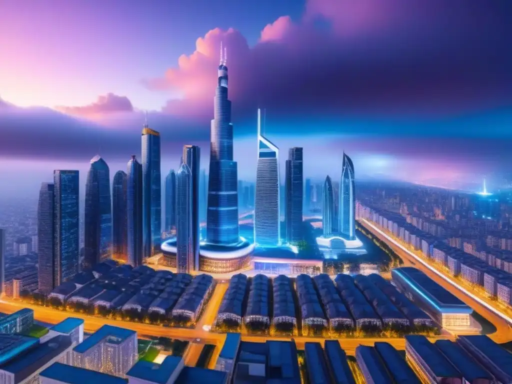 Metrópolis blockchain: digitalización del real estate en neon Futurista ciudad digital con rascacielos de nodos blockchain, simbolizando la tokenización de bienes raíces en la era digital