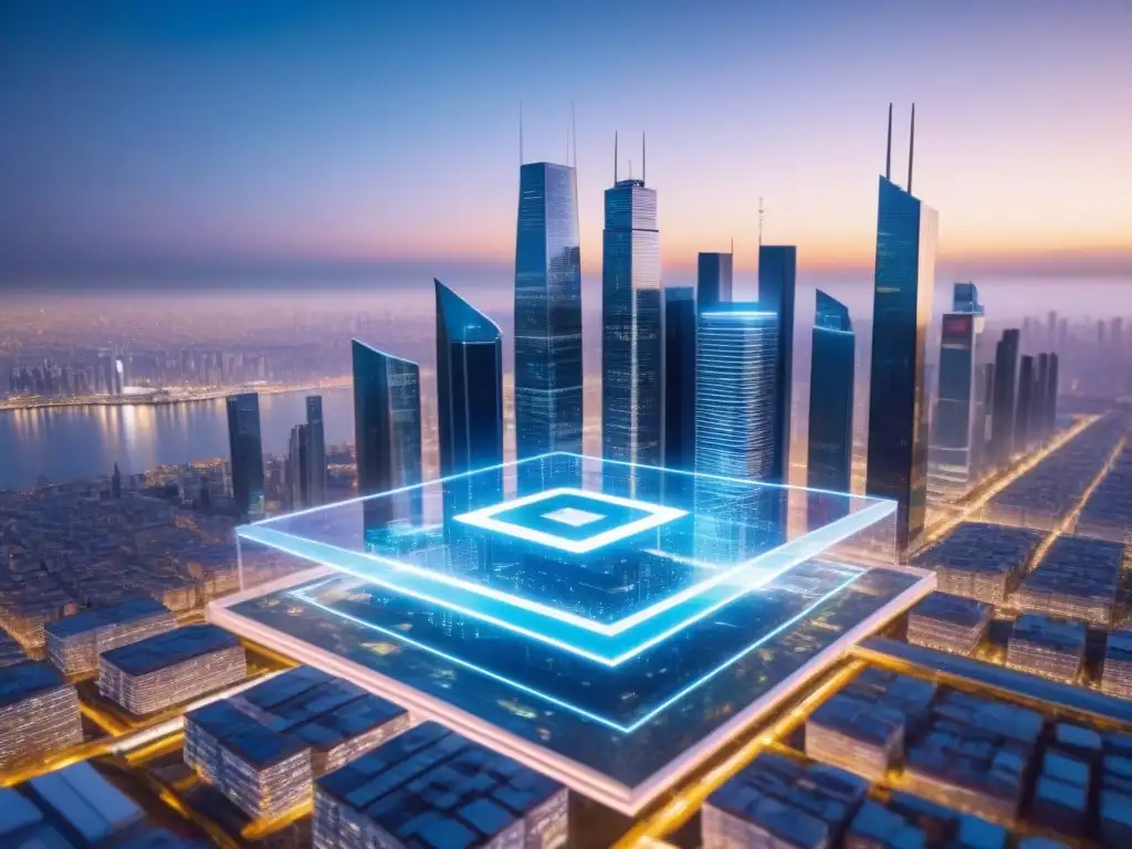 Metrópolis digital futurista: arquitectura transparente y redes de datos Futurista ciudad digital con redes de datos, hologramas y drones