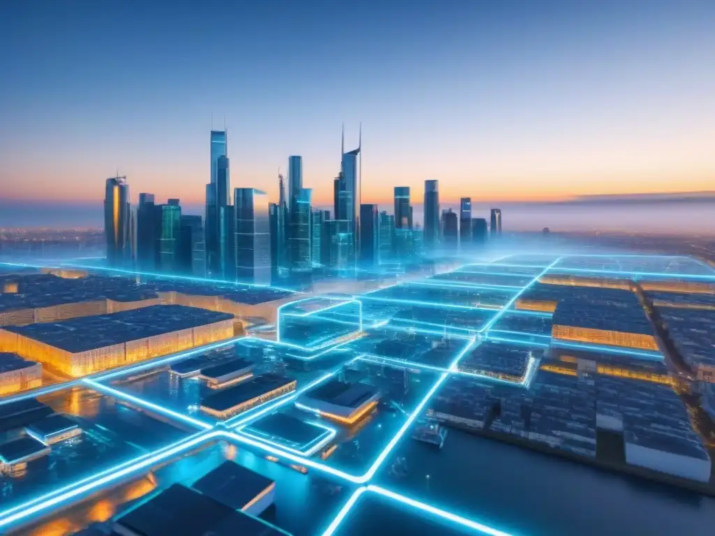 Metrópolis futurista: seguridad online en bienes raíces Futurista ciudad digital con seguridad avanzada para financiamiento inmobiliario online