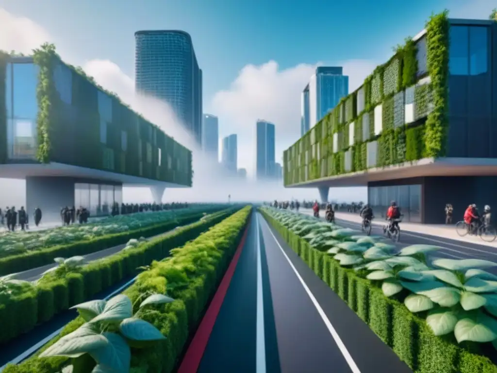 Metrópolis futurista sostenible: rascacielos verdes y energía renovable Futurista ciudad eco-sostenible con rascacielos verdes y tecnología, reflejando tendencias mercado inmobiliario estratégia