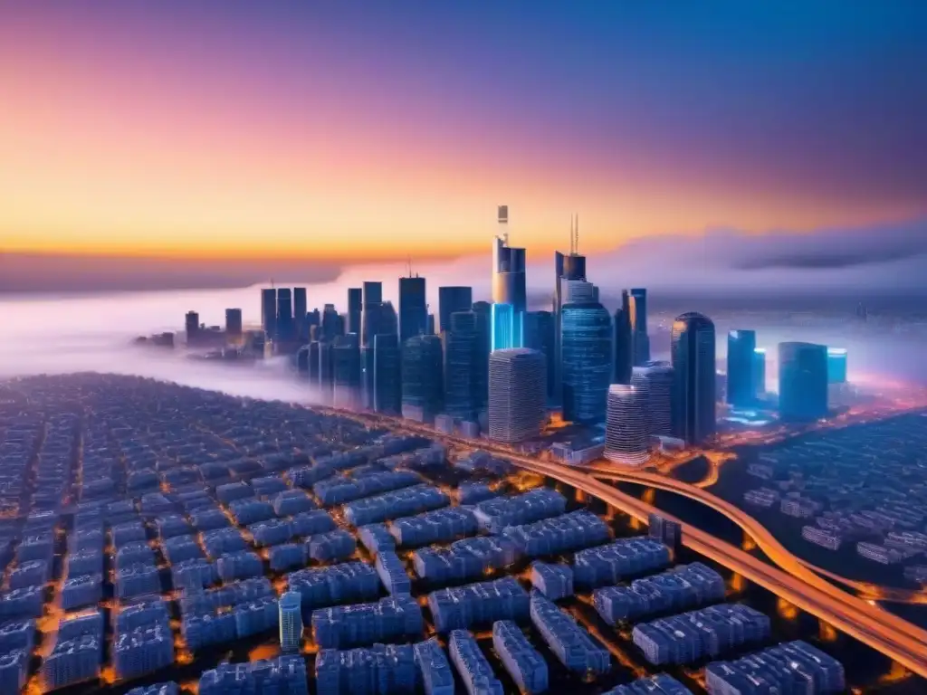Metrópolis futurista: edificios inteligentes y IA avanzada Futurista ciudad con edificios inteligentes y caminos iluminados, IA en seguimiento de pagos inmobiliarios