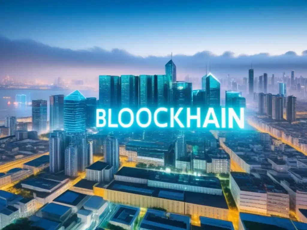 Metrópolis Futurista: Títulos Inmobiliarios en Blockchain Futurista ciudad con edificios interconectados digitalmente y títulos inmobiliarios en Tecnología Blockchain
