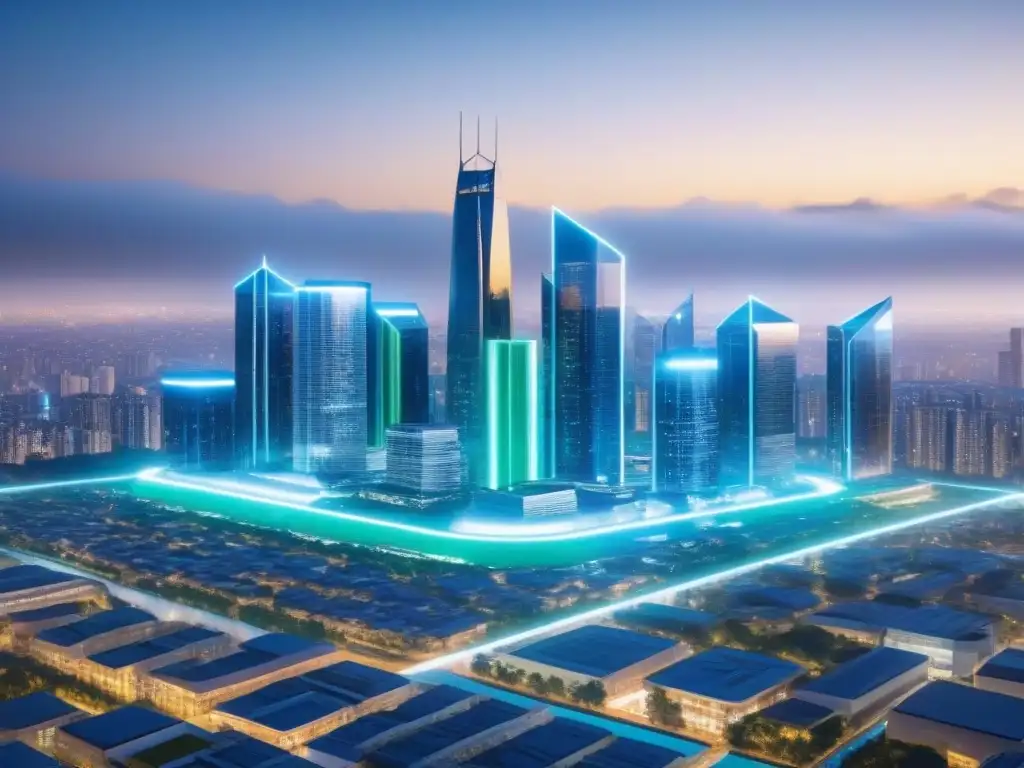 Blockchain: Futuro Transparente de Propiedades Futurista ciudad con edificios transparentes interconectados por cadenas de bloques, representando la Tecnología Blockchain en títulos inmobiliarios