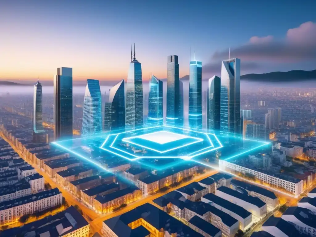 Cityscape futurista con hologramas inmobiliarios blockchain Futurista ciudad con hologramas inmobiliarios y blockchain en financiamiento inmobiliario