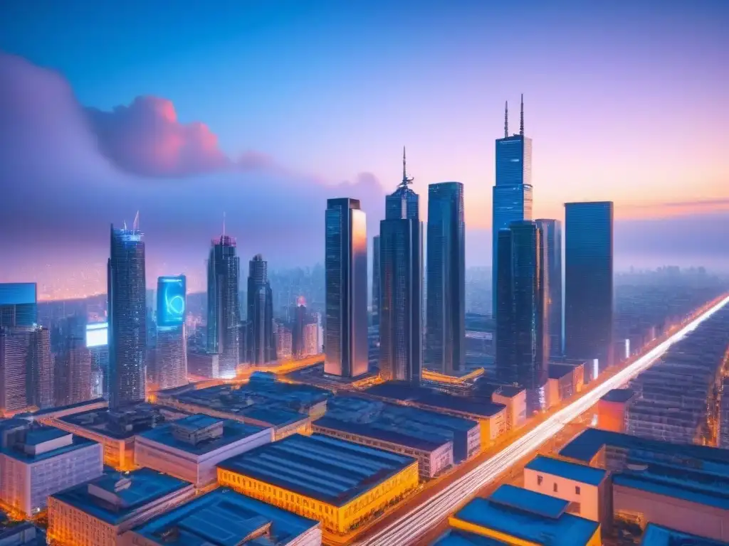 Metrópolis del futuro: chatbots inmobiliarios revolucionarios Futurista ciudad con iconos de chatbot inmobiliario integrados en edificios, transmitiendo eficiencia y tecnología