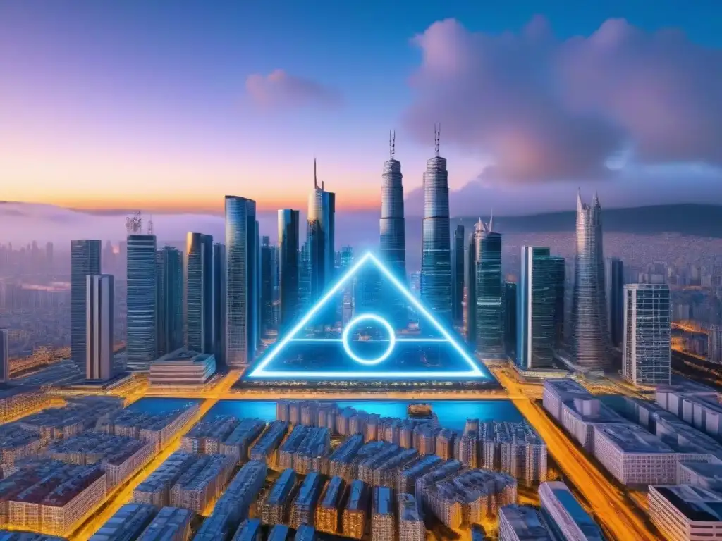 Metrópolis futurista: drones AI en análisis inmobiliario nocturno Futurista ciudad iluminada por drones IA, predicción valor propiedad IA al anochecer