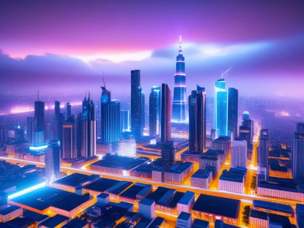 Metrópolis futurista blockchain: inversión inmobiliaria global Futurista ciudad iluminada por luces de neón, conectada por líneas de tecnología blockchain en inversión inmobiliaria