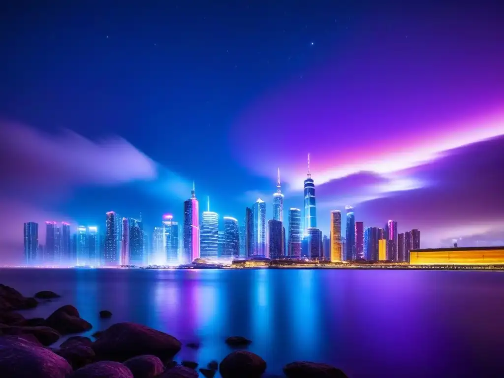 Futurista ciudad iluminada por neones en la noche, reflejando riesgos legales en financiamiento inmobiliario online