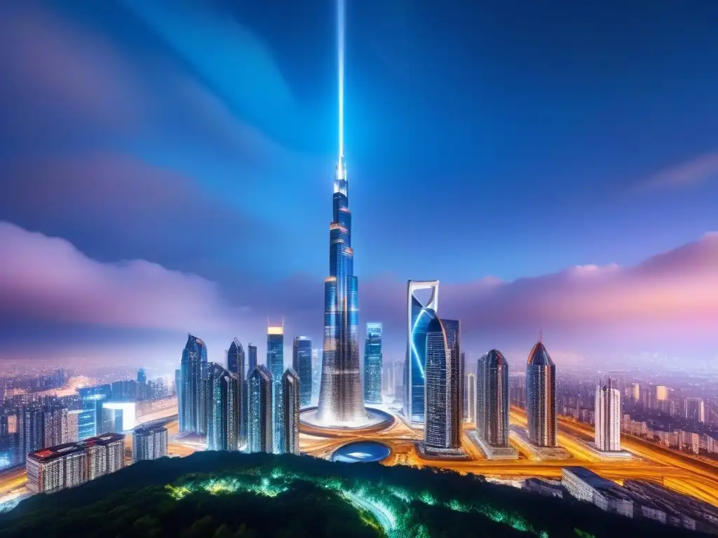 Metrópolis futurista: innovación y modernidad en 8k Futurista ciudad iluminada con rascacielos modernos
