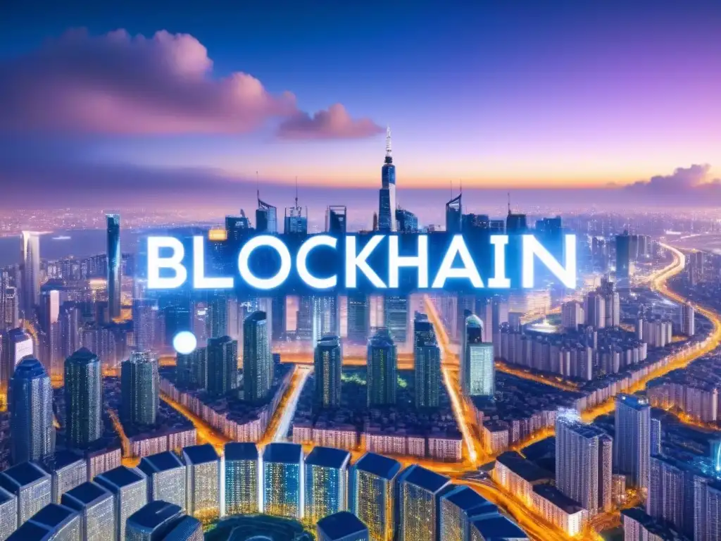 Innovación inmobiliaria: skyline blockchain de vanguardia Futurista ciudad de noche con edificios iluminados por pantallas digitales mostrando códigos blockchain y transacciones inmobiliarias