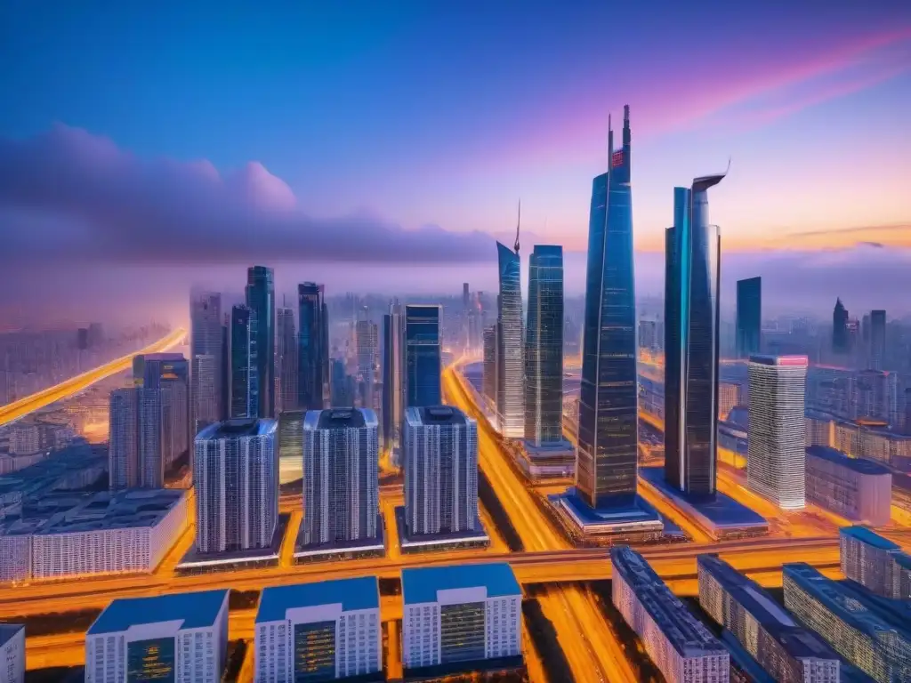 Futurismo urbano: Big Data y Proptech revolucionan la inversión inmobiliaria Visión futurista de la ciudad de noche con tecnología avanzada y Big Data en finanzas inmobiliarias