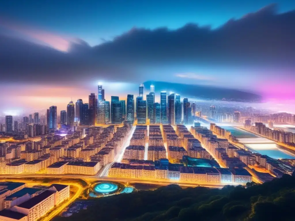 Metropolis futurista: IA revoluciona financiamiento inmobiliario Futurista ciudad nocturna con datos financieros y algoritmos de IA entre edificios, simbolizando la integración de la IA en la regulación del financiamiento inmobiliario