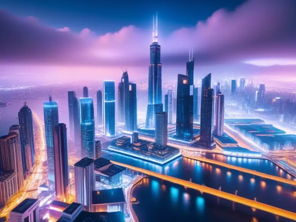 Futurismo nocturno: Ciudad holográfica en 8k Futurista ciudad nocturna con luces neón y datos flotantes