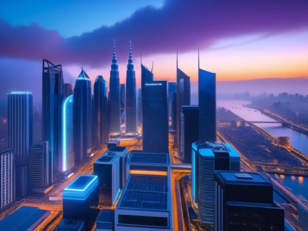 Metrópolis futurista: rascacielos innovadores y autos voladores Futurista ciudad nocturna con rascacielos iluminados por luces neón, reflejando tecnología innovadora