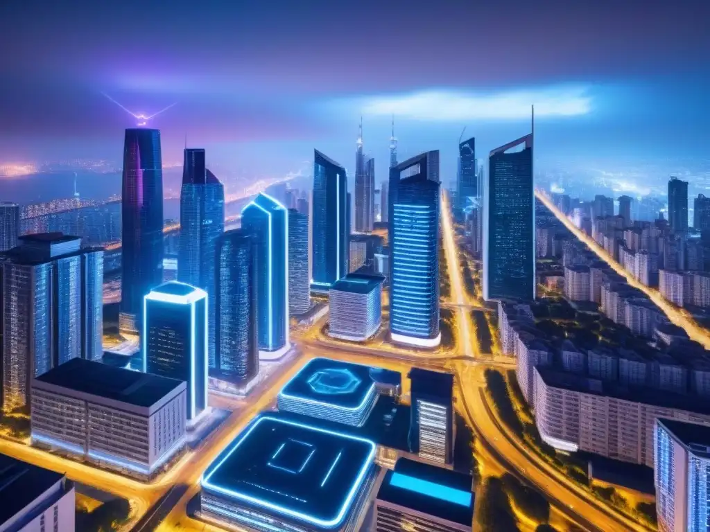 Metrópolis futurista: Blockchain en la ciudad nocturna Futurista ciudad nocturna con rascacielos iluminados por luces de neón y transacciones blockchain en tiempo real