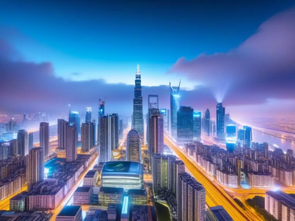Metrópolis futurista en 8k: real estate y fintech en AR Futurista ciudad nocturna con rascacielos iluminados y redes sociales de marketing inmobiliario Fintech