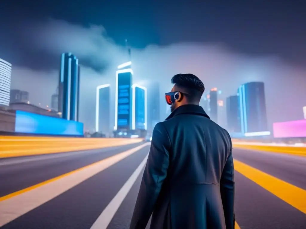 Metrópolis futurista: IA en valuación inmobiliaria Futurista ciudad nocturna con rascacielos iluminados, datos IA y vehículos autónomos