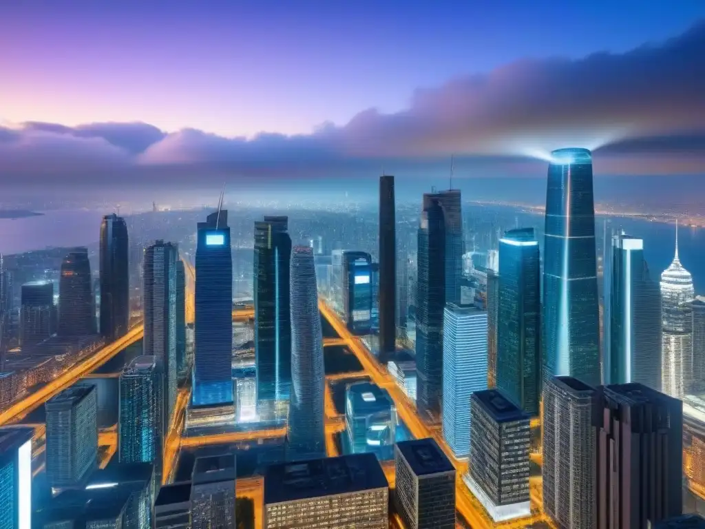 Metrópolis futurista: tecnología y automatización en finanzas inmobiliarias Futurista ciudad nocturna con rascacielos iluminados y vehículos autónomos, reflejando la automatización procesos legales financiamiento inmobiliario