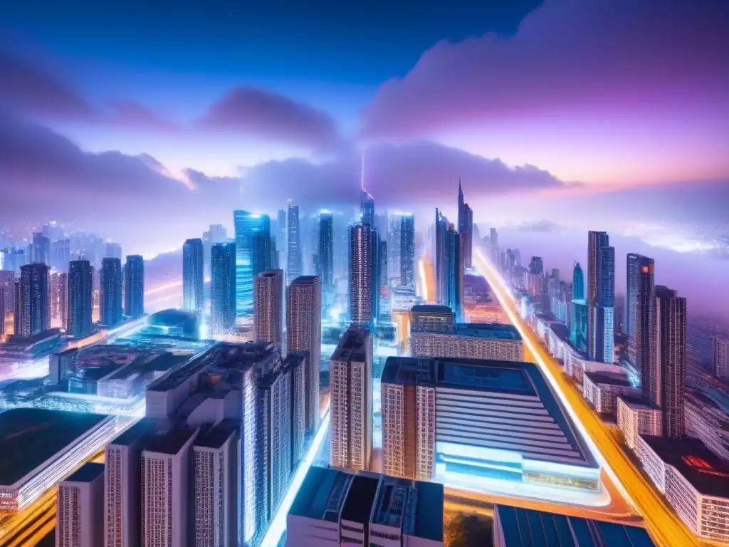 Cityscape futurista en 8k: tecnología blockchain y luces neón Futurista ciudad nocturna con rascacielos iluminados por luces de neón, reflejando la tecnología blockchain en financiamiento inmobiliario