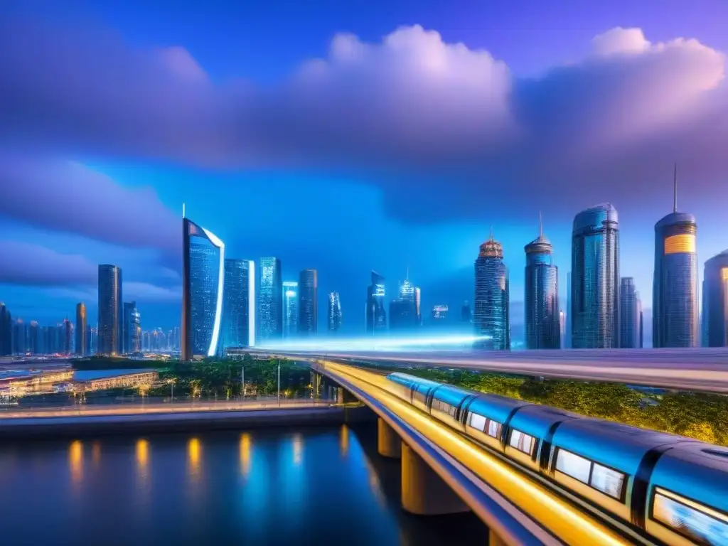 Metrópolis futurista al anochecer: visión tecnológica postcrisis Futurista ciudad nocturna con rascacielos brillantes, monorraíles y hologramas, ideal para préstamos inmobiliarios postcrisis inversores