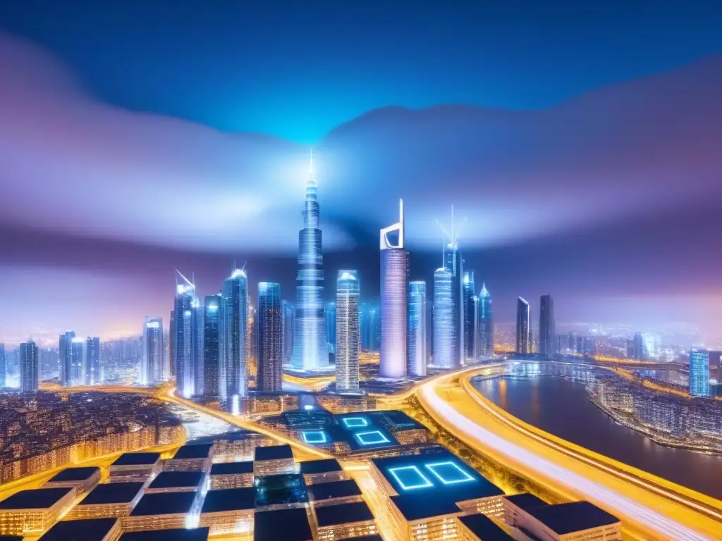 Metrópolis futurista: transacciones inmobiliarias seguras con blockchain Futurista ciudad nocturna con seguridad transacciones inmobiliarias blockchain en rascacielos iluminados y autos autónomos
