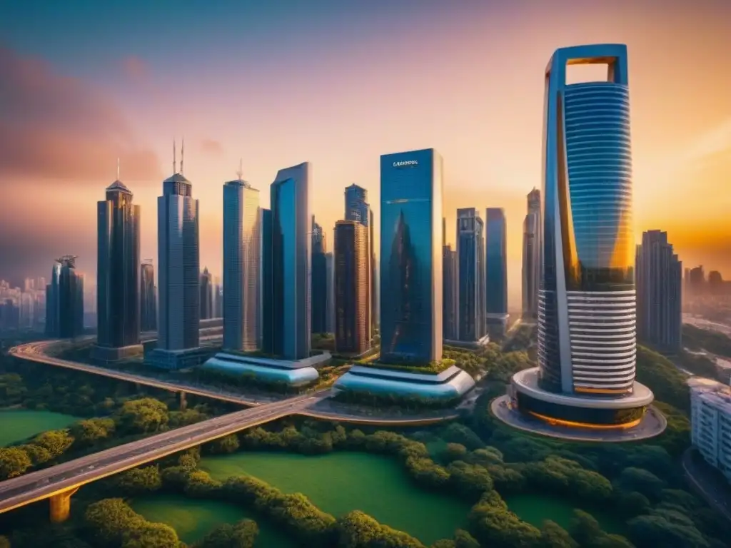 Metrópolis futurista al atardecer: impacto local en bienes raíces Futurista ciudad con rascacielos reflejando un atardecer dorado, fusionando arquitectura tradicional y moderna, normativa local mercado inmobiliario
