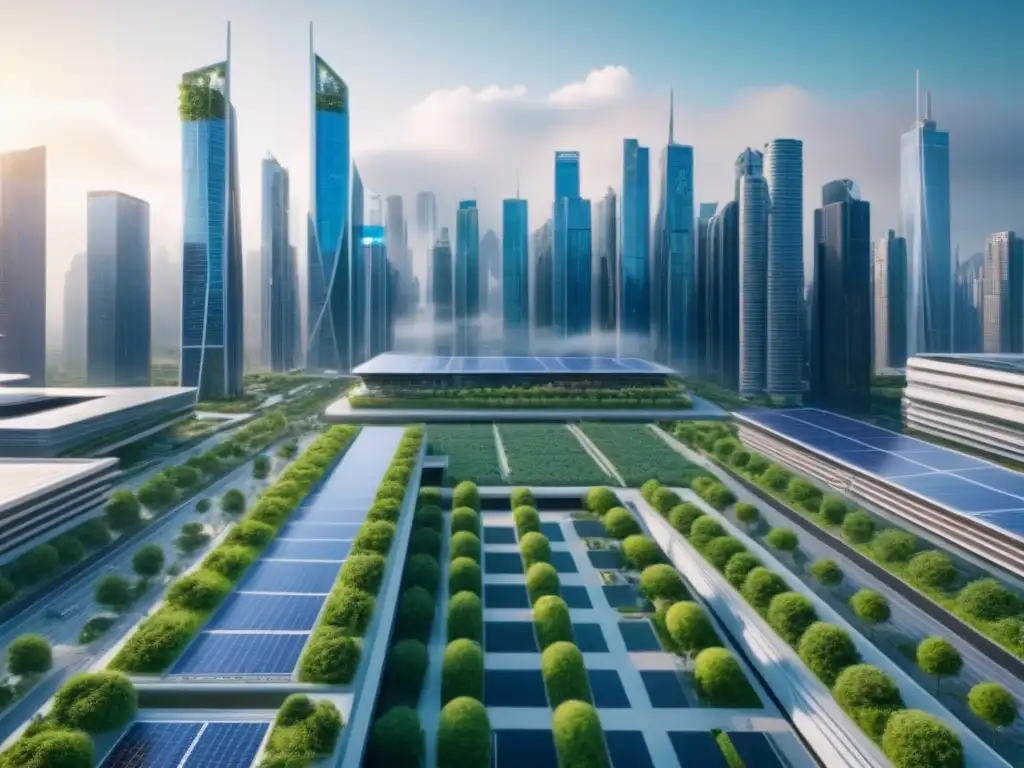 Metrópolis futurista: fusión de tecnología avanzada y sostenibilidad urbana Futurista ciudad con rascacielos y vegetación, autos autónomos y tecnología, mostrando armonía entre finanzas y regulaciones