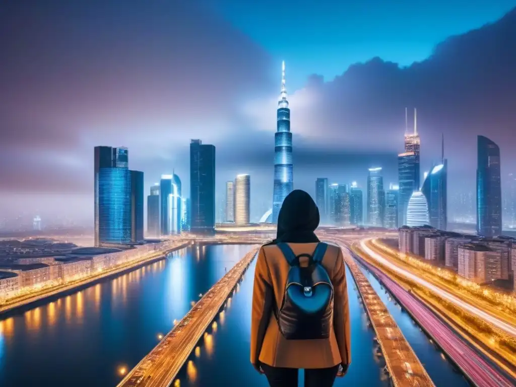 Innovación inmobiliaria: ciudad futurista con tecnología blockchain Futurista ciudad con rascacielos incorporando blockchain en financiamiento inmobiliario