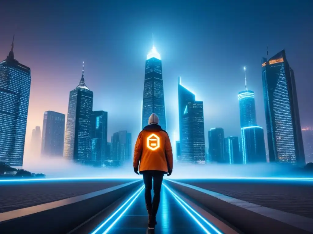 Cityscape futurista con blockchain integrado en financiamiento inmobiliario Futurista ciudad con rascacielos y blockchain en financiamiento inmobiliario
