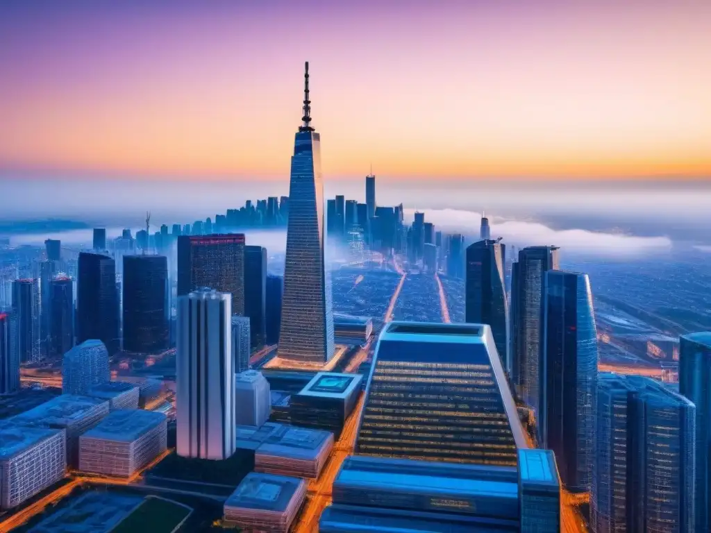 Metrópolis futurista: innovación y prosperidad financiera Futurista ciudad al anochecer con rascacielos brillantes y sistemas de transporte avanzados, exudando innovación y prosperidad