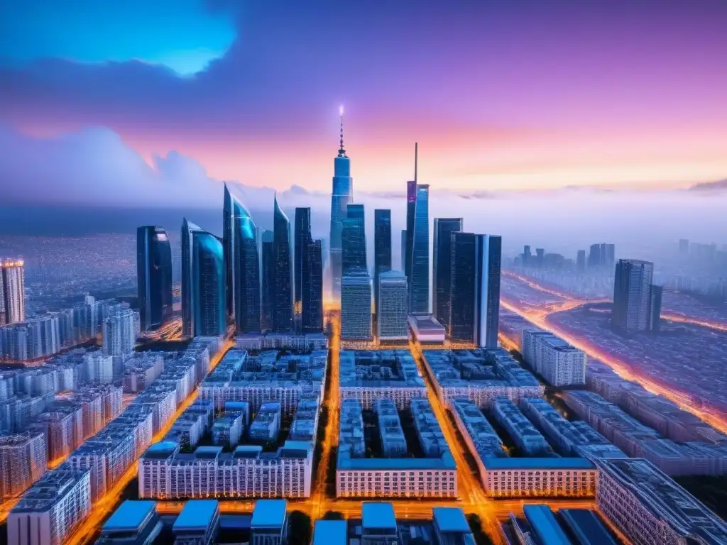 Cityscape futurista con blockchain en real estate Futurista ciudad con rascacielos conectados por líneas de blockchain en financiamiento inmobiliario