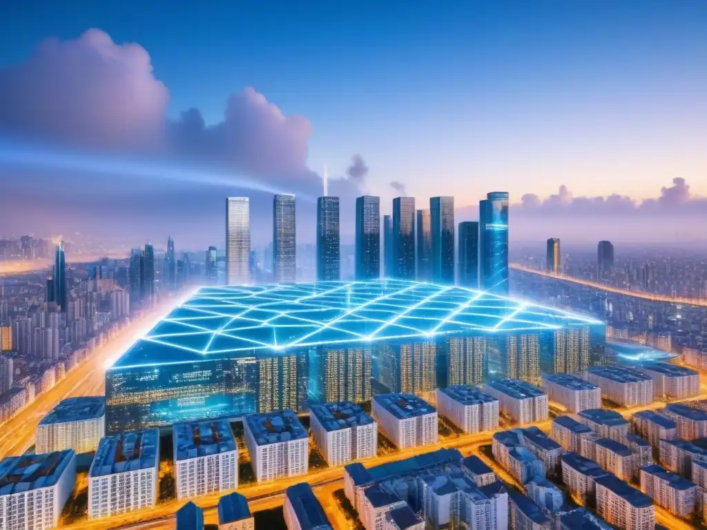 Futurista ciudad blockchain: revolución en financiamiento inmobiliario Futurista ciudad con rascacielos conectados por blockchain en financiamiento inmobiliario