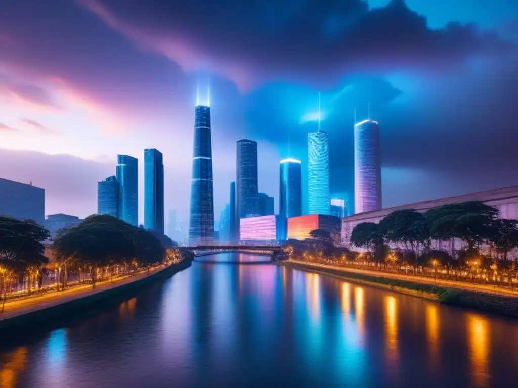 Metropolis blockchain: la integración del futuro inmobiliario Futurista ciudad con rascacielos de cristal iluminados por luces de neón sobre un río digital, reflejando un paisaje de criptomonedas