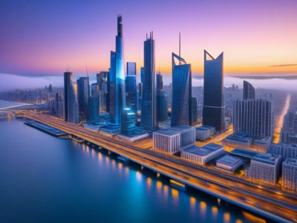 Metrópolis futurista: rascacielos digitales y desigualdad social Futurista ciudad con rascacielos digitales y datos brillantes, simbolizando tecnología, financiamiento inmobiliario y desigualdad