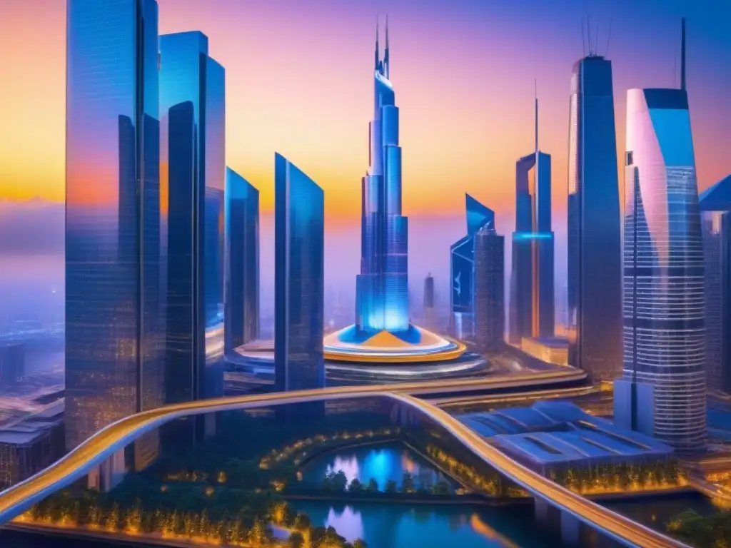 Metrópolis futurista: rascacielos dorados y tecnología avanzada Futurista ciudad con rascacielos dorados reflejando el atardecer, integrando alta tecnología y actividad urbana