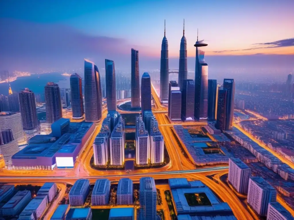 Metrópolis futurista: luces neón y tecnología avanzada Futurista ciudad con rascacielos, drones y autos autónomos, reflejando innovación y normativas inversión inmobiliaria cambios