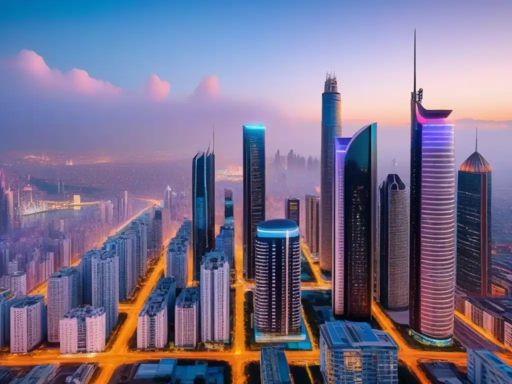 Metrópolis futurista al atardecer con IA en evaluación inmobiliaria Futurista ciudad con rascacielos, drones y luces neón